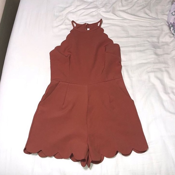 mine Pants - BURNT ORANGE SCALLOPED EDGE ROMPER W/ POCKETS